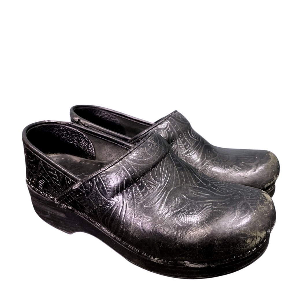 Dansko Clogs Womens 37 Black Professional Embossed Paisley Leather Slip On Shoes